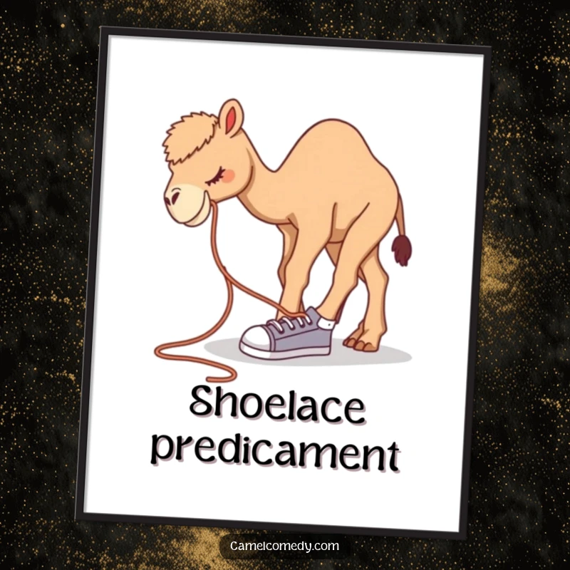 Funny camel poster featuring a camel bending over to tie a comically large shoelace, showcasing amusing clumsiness.