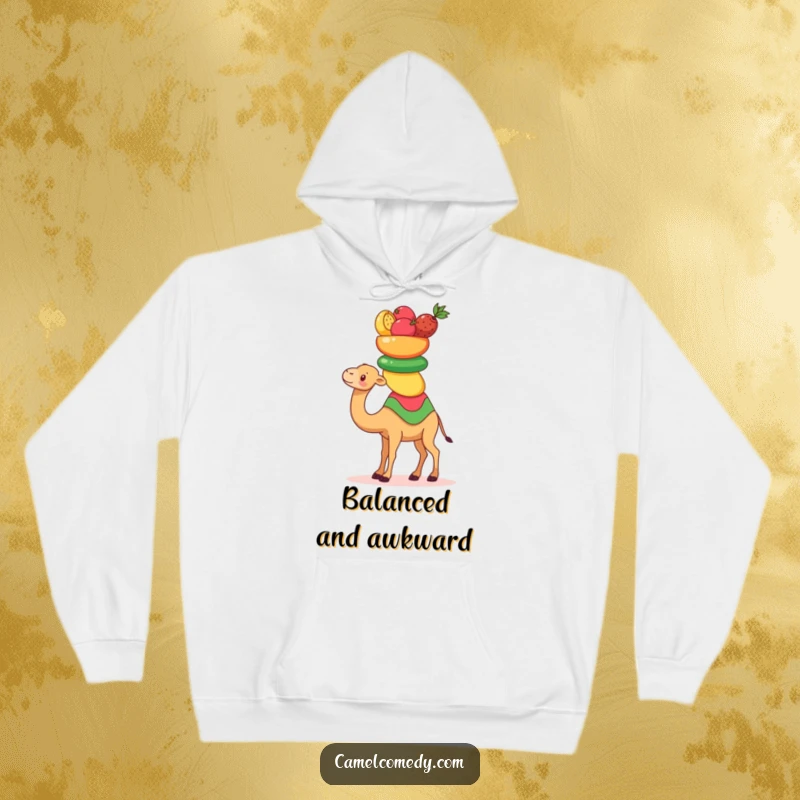 Funny Kawaii Camel Hoodie showing a cute camel balancing fruits, a humorous and warm apparel choice.