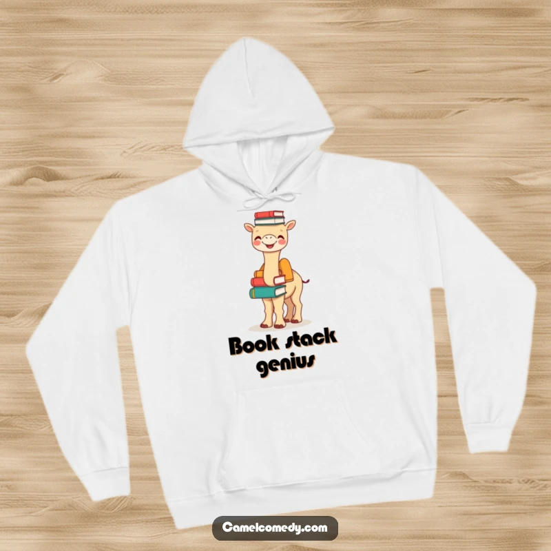 Funny Bookish Camel Hoodie: a joyful camel balances a stack of books on its hump, providing funny warmth and cozy vibes.