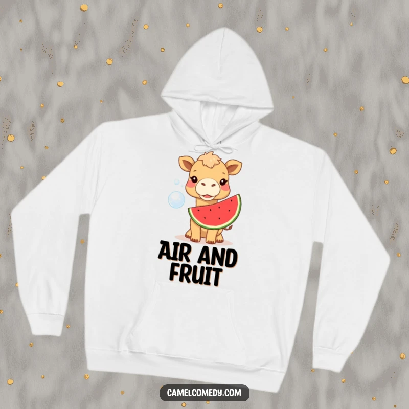 Funny camel blowing a giant watermelon bubble, depicted on a cozy hoodie, perfect for a humorous, heartwarming gift.
