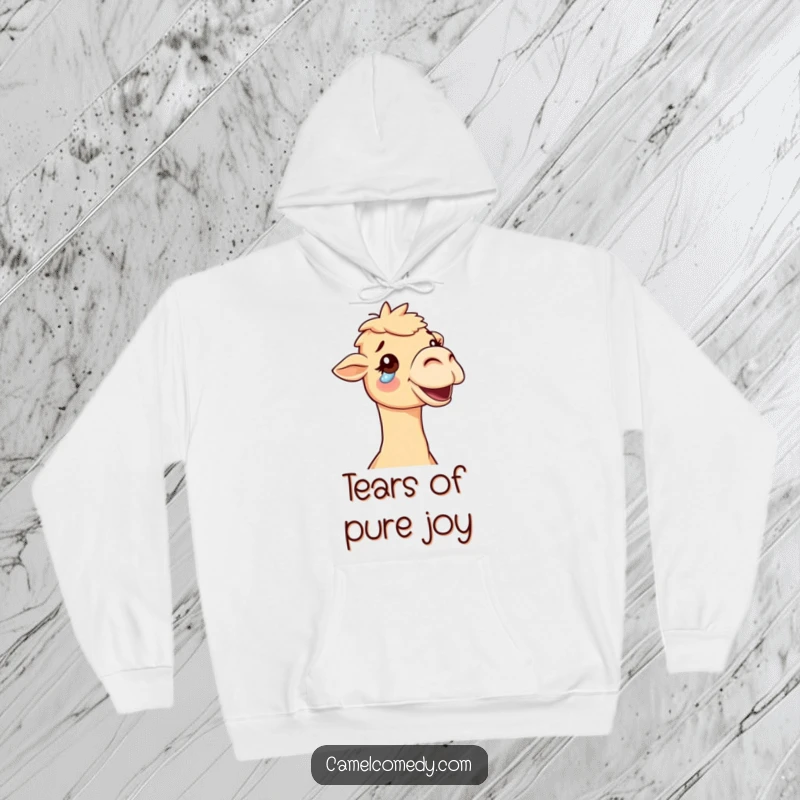 Funny delighted camel with a tear of pure joy rolling down its cheek, cozy and emotionally resonant hoodie.