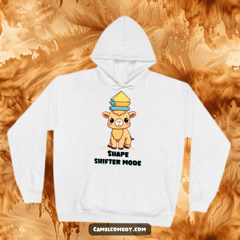 Funny Kawaii Camel Hoodie showing a camel with a stack of shapes perfectly balanced on its head, radiating calm.