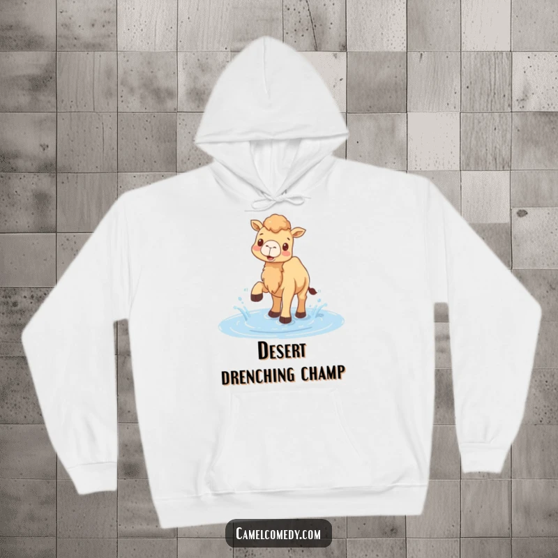 Funny hoodie with a happy camel kicking up water in a puddle, embodying carefree fun and a playful spirit.