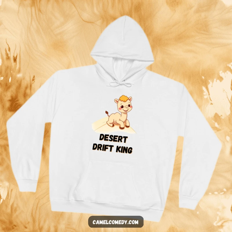 Funny kawaii camel caught mid-descent on a sand dune, wearing an infectious grin, featured on a cozy hoodie.