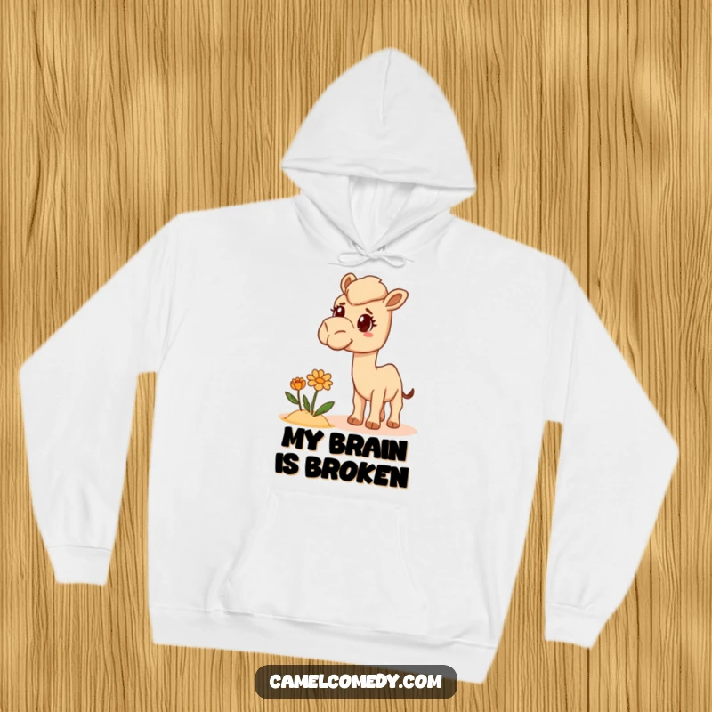 Funny Camel Hoodie illustrated with a camel looking utterly bewildered at a misplaced desert flower, offering cozy humor.