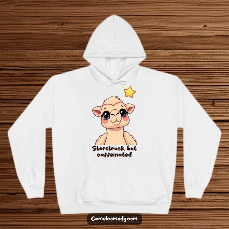 Funny camel hoodie illustration of a camel with mesmerized, sparkling eyes looking up at a dreamy, floating cartoon star, full of hopeful wonder.