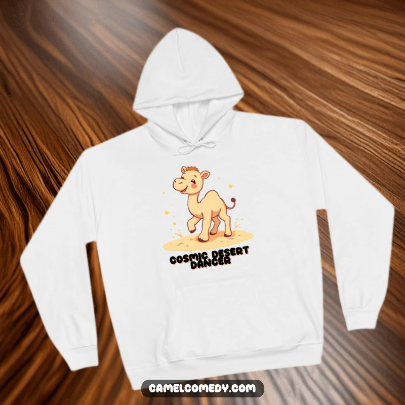 Funny camel star kicker hoodie featuring a camel gleefully kicking up sand with tiny stars, offering cozy humor.