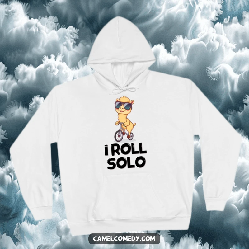 Funny hoodie designed with a kawaii camel in sunglasses riding a unicycle, offering warmth and a dose of quirky humor.