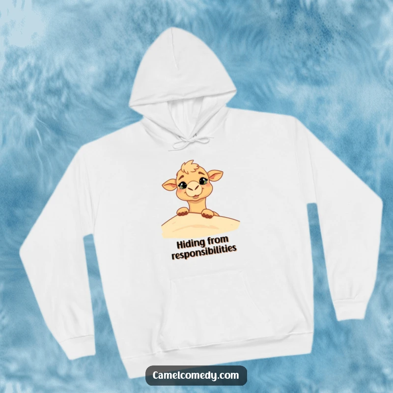 Funny hoodie featuring a camel peeking from behind a sand dune with a goofy grin, representing playful secrets and warmth.