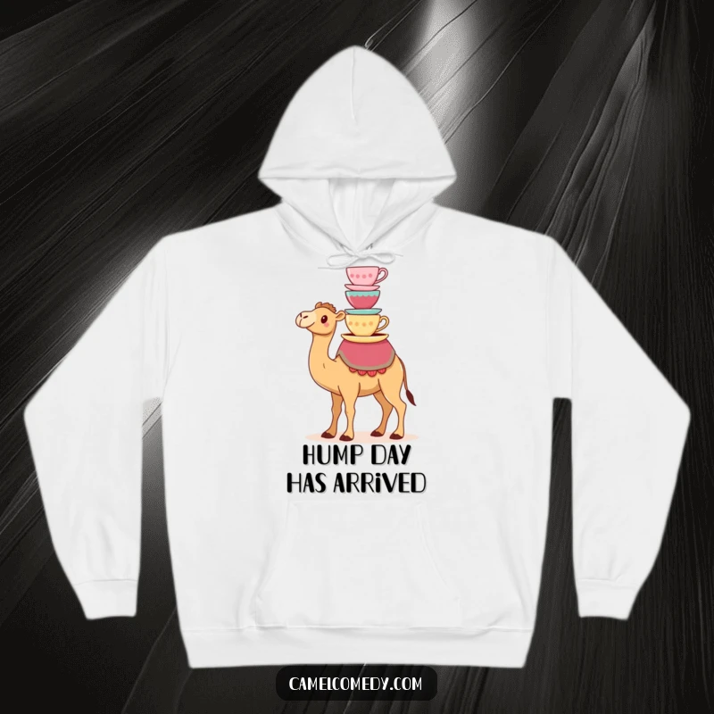Funny hoodie featuring a kawaii camel humorously balancing colorful teacups on its hump, offering warmth and whimsical amusement.