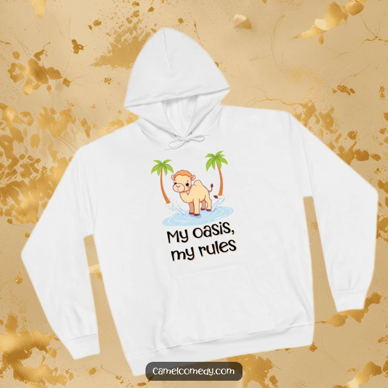 Funny Kawaii camel hoodie depicting a happy camel playfully splashing water from a small desert oasis, full of glee.