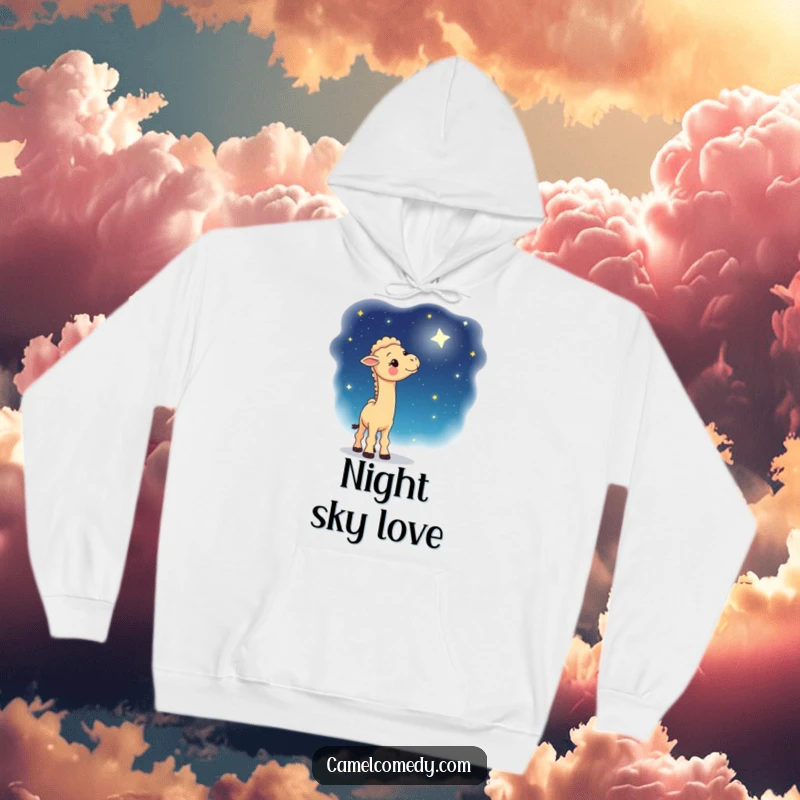 Funny hoodie featuring a whimsical camel gazing up in fascination at a brilliant, star-filled night sky, cozy and inspiring apparel.