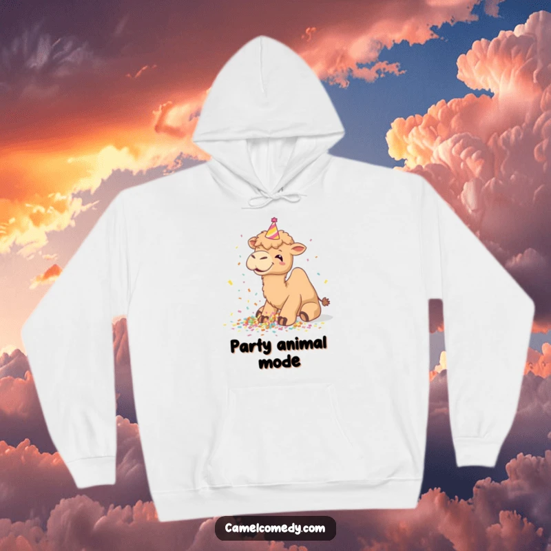 Funny camel hoodie, giggling gleefully while spilling a cascade of confetti, adorn with a tiny party hat, pure fun.