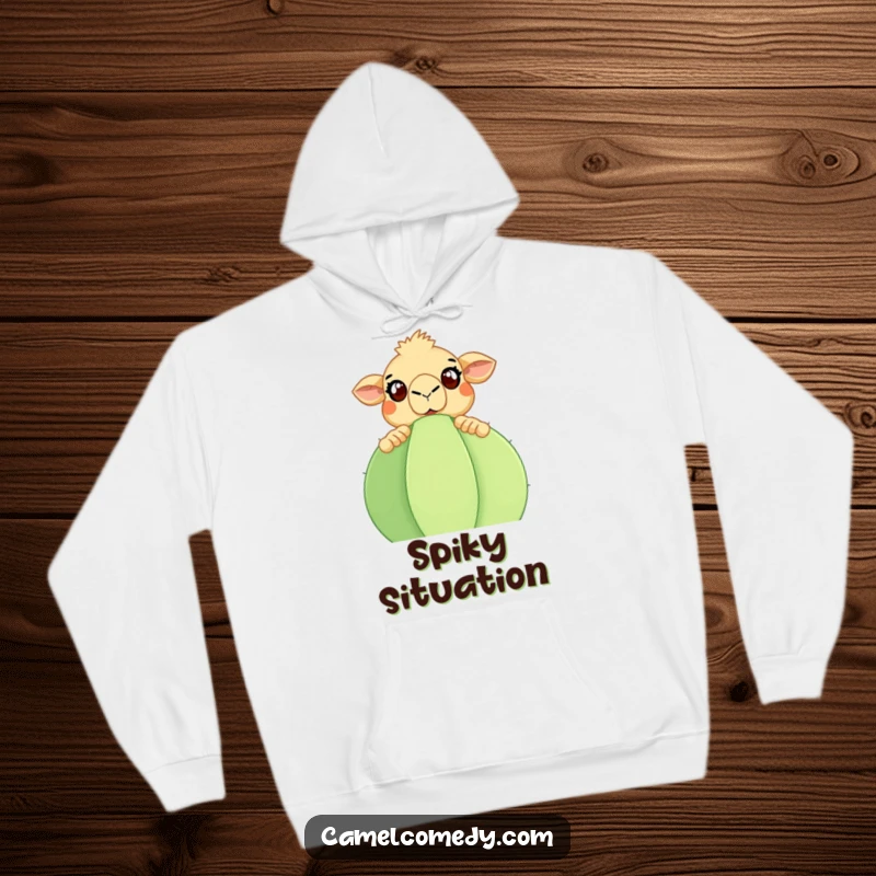 Funny Camel Hoodie: A cozy hoodie depicting a surprised camel with wide eyes peeking over a large cactus. Great funny gift.