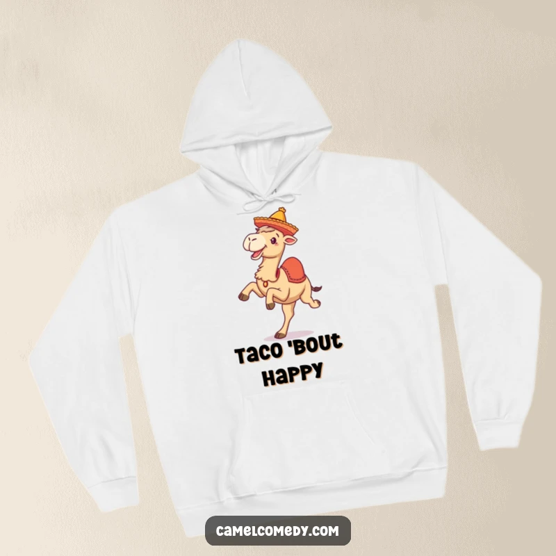 Funny hoodie featuring a camel mid-kick with legs up and a tiny sombrero, radiating party vibes and desert silliness.
