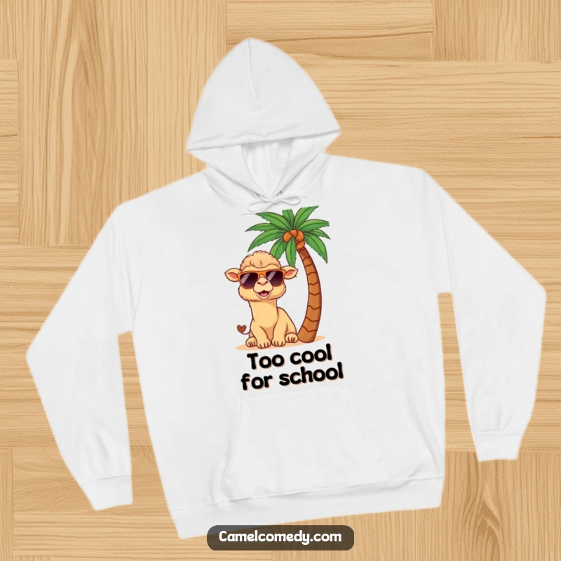 Funny kawaii camel wearing sunglasses, peeking from behind a palm tree, depicted on a cozy hoodie.