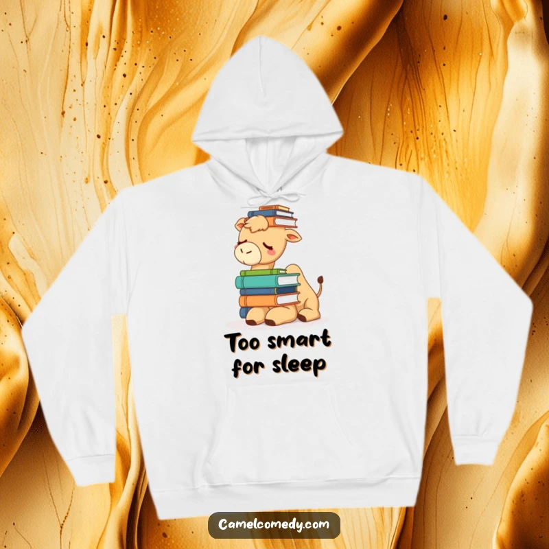 Funny hoodie showing a tired camel with a stack of books on its head, trying desperately to maintain balance, looking sleepy.