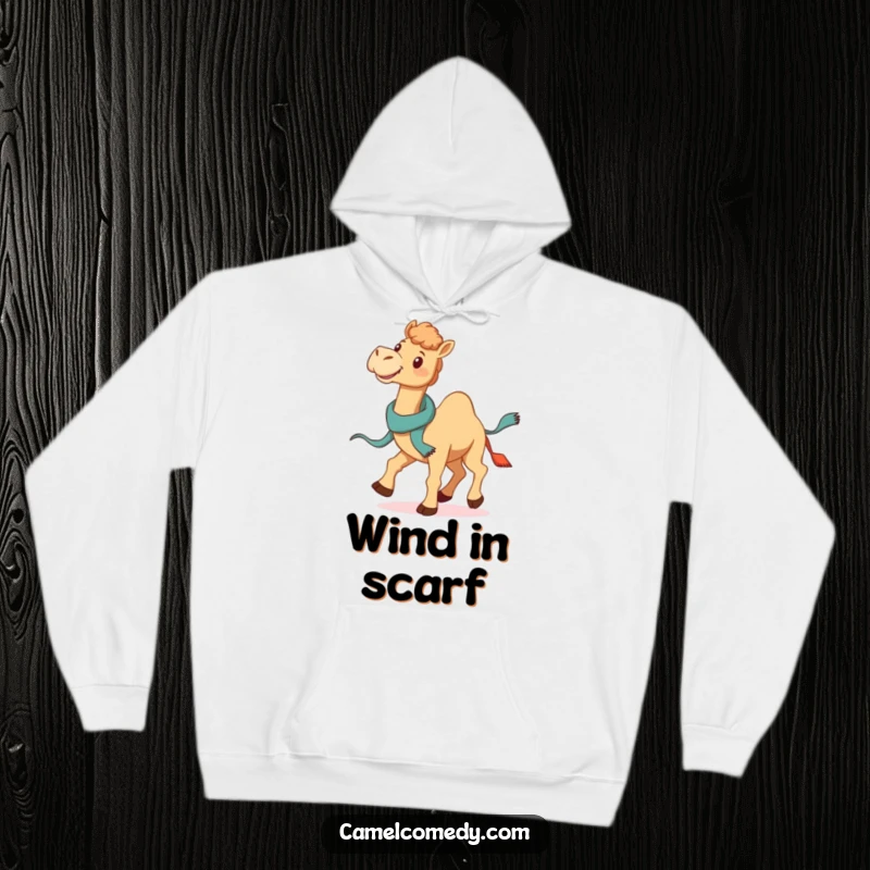 Funny Galloping Camel Hoodie: a smiling camel gallops freely, its jaunty scarf trailing, creating a funny and comforting visual.