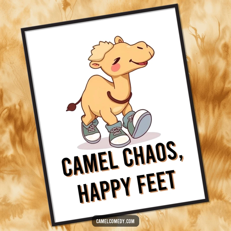 Funny Free Printable Wall Art: A giggling camel comically trips while wearing comically oversized, floppy shoes.