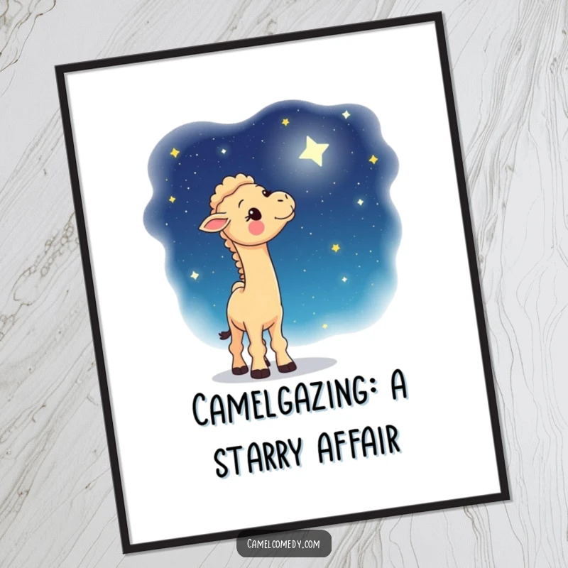 Funny Free Printable Wall Art: Whimsical camel looking up with wonder at a beautiful, star-filled night sky.