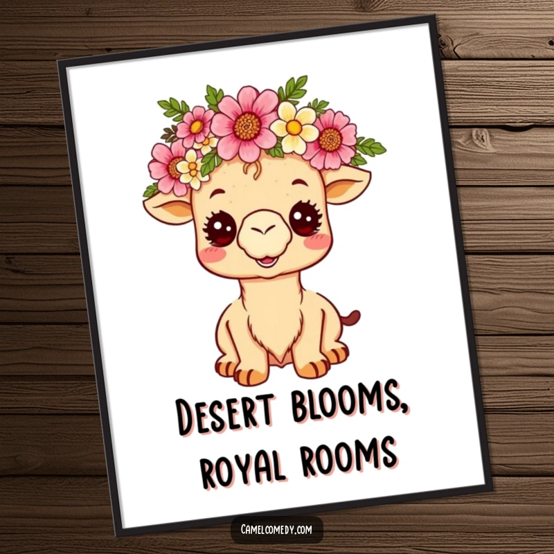 Funny free printable wall art: A radiant kawaii camel proudly wears a crown of colorful desert flowers, exuding cheerful royalty.