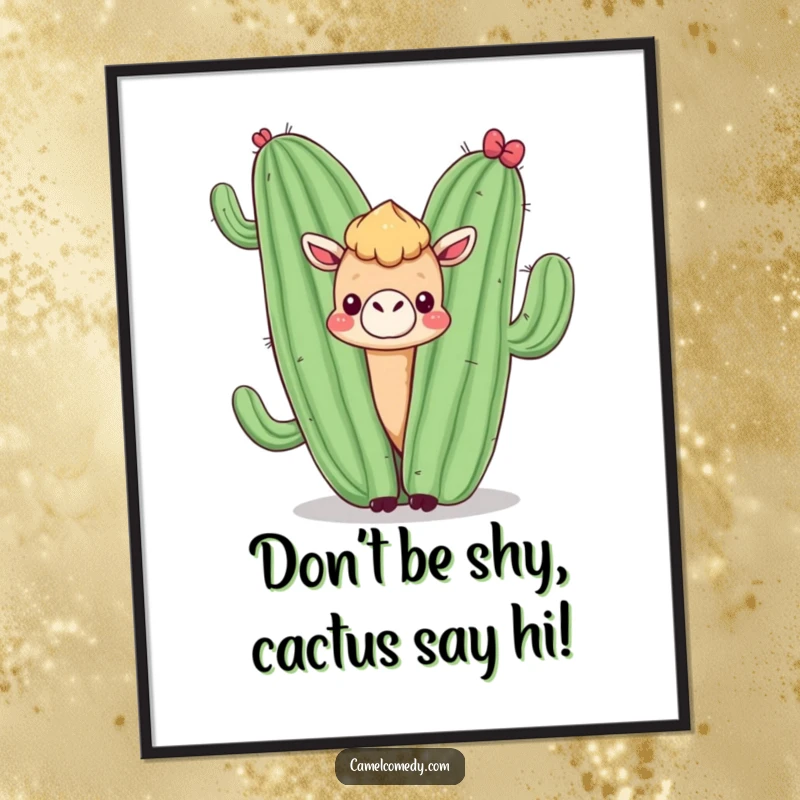 Funny Free Printable Wall Art: A cute kawaii camel peeking playfully from behind a large, friendly smiling cactus.
