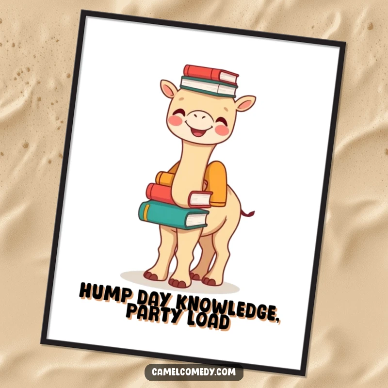 Funny Free Printable Wall Art: A joyful camel perfectly balances a stack of colorful books on its hump, inspiring thought.