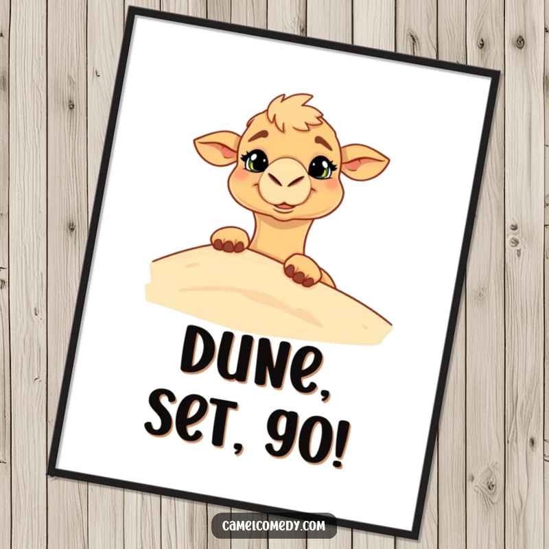 Funny free printable wall art capturing a camel with a goofy grin playfully peeking from behind a desert sand dune.