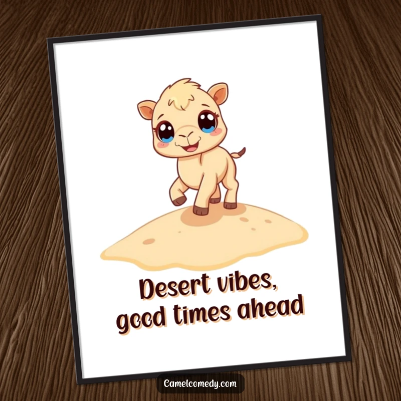 Funny Free Printable Wall Art depicting a tiny camel with large eyes joyfully bouncing on a vast sand dune, bringing smiles.
