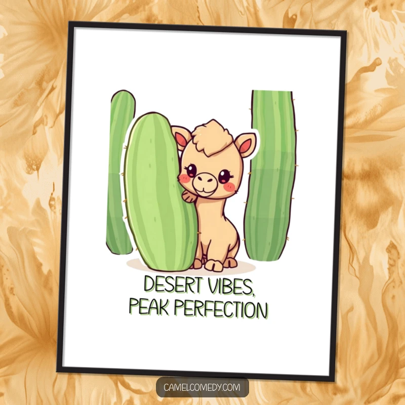 Funny Free Printable Wall Art: A cute kawaii camel peeks from behind a large desert cactus, looking friendly.