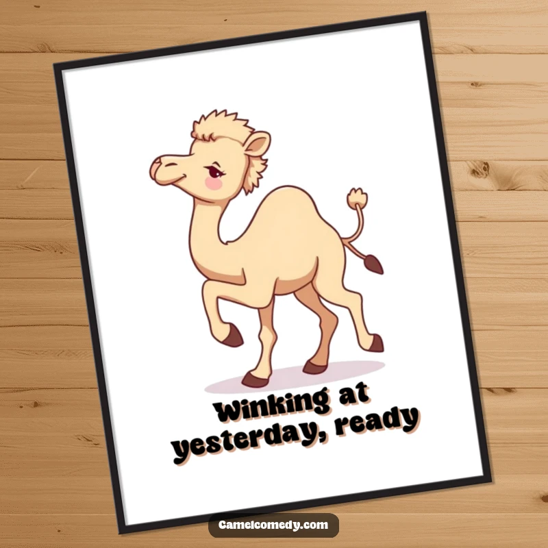 Funny Free Printable Wall Art: Camel captured in a dynamic pose, one leg raised, with a mischievous wink.