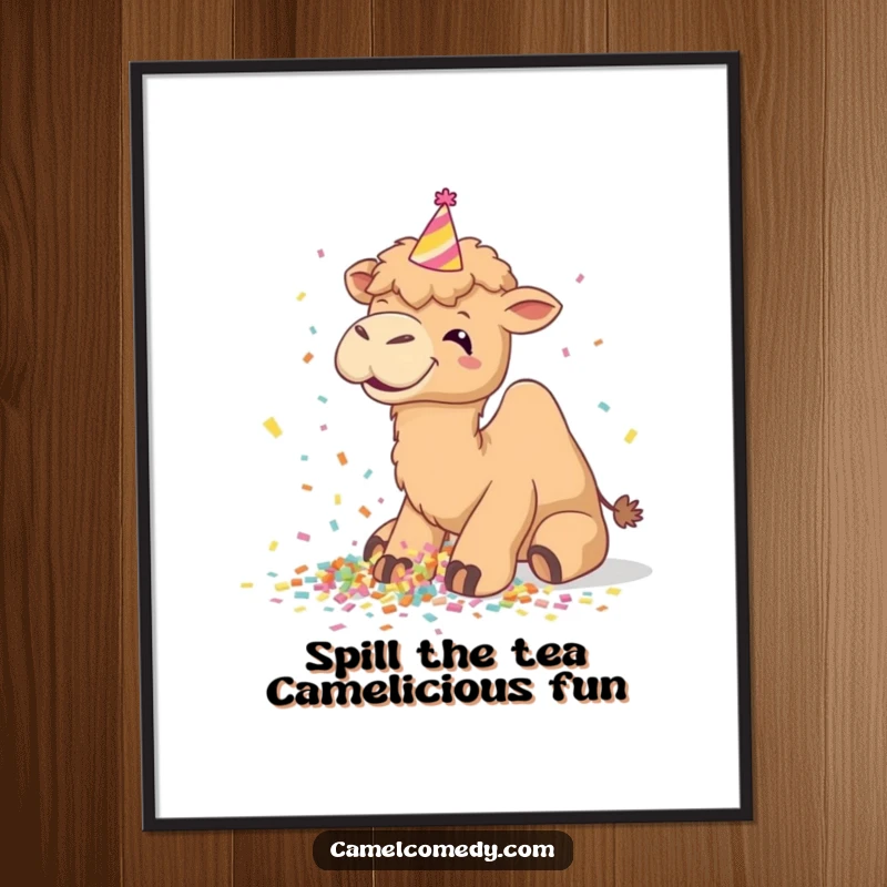 Funny free printable wall art of a giggling camel wearing a small party hat and spilling confetti.