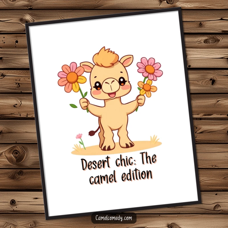 Funny Free Printable Wall Art: A whimsical cartoon camel juggles three colorful desert flowers, adding a playful touch to any room.