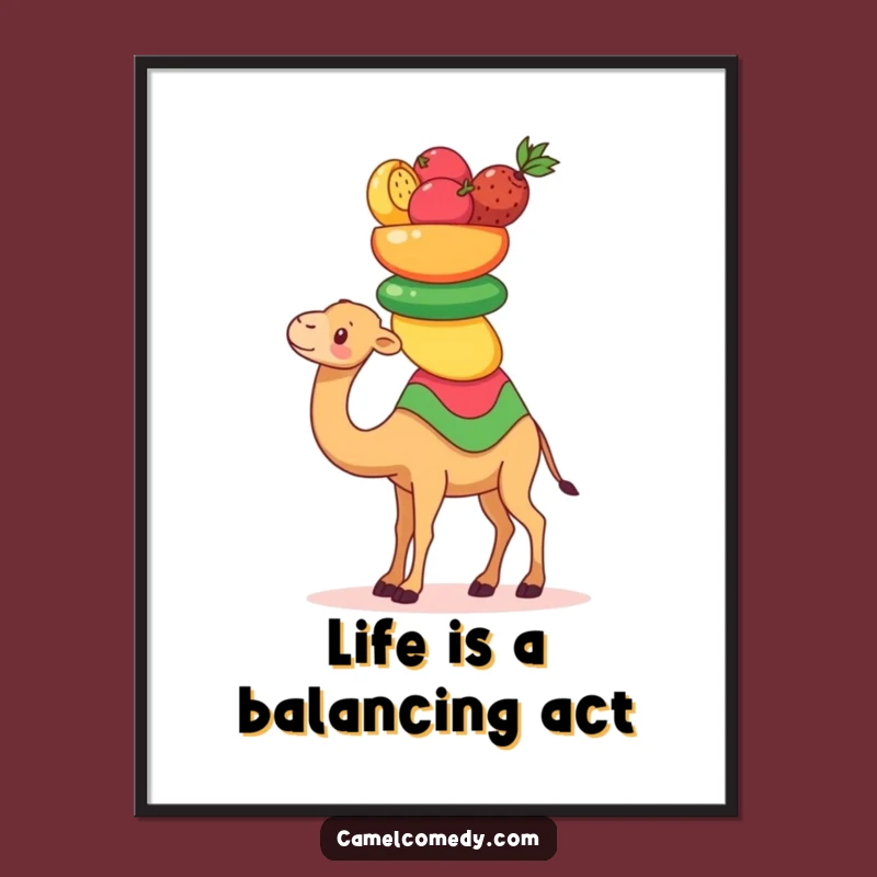 Funny Free Printable Wall Art: Kawaii Camel Fruit Balance, Humorous Desert Downloadable Decor