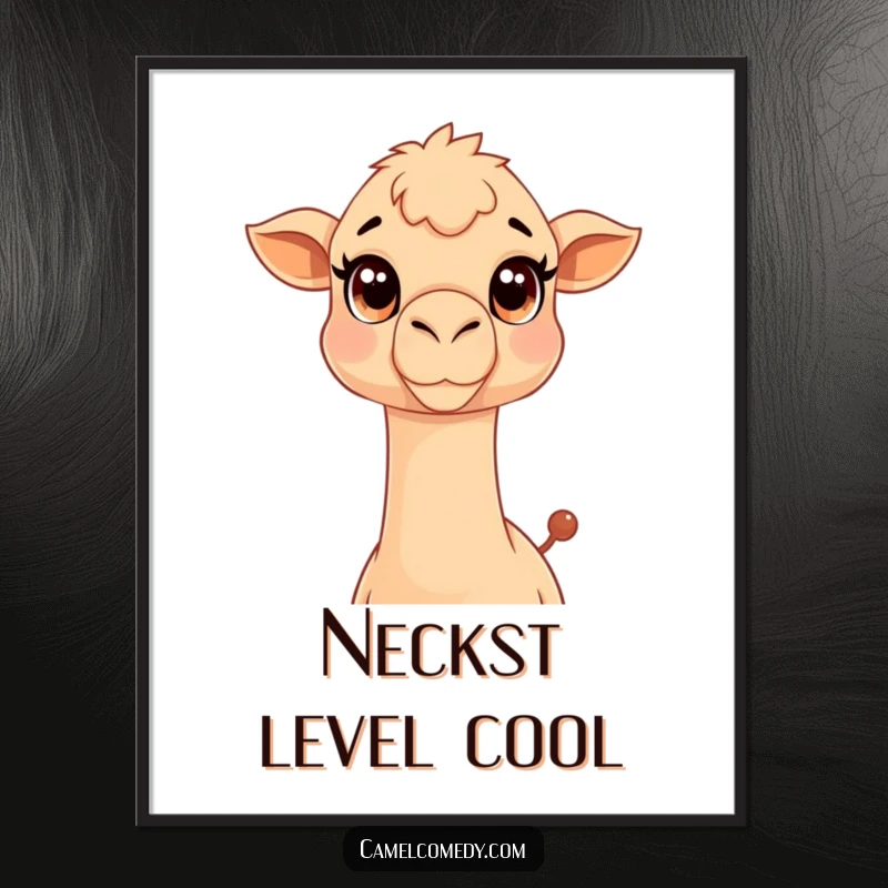 Funny Free Printable Wall Art: A whimsical Kawaii camel with an elongated neck, creating a humorous desert scene.
