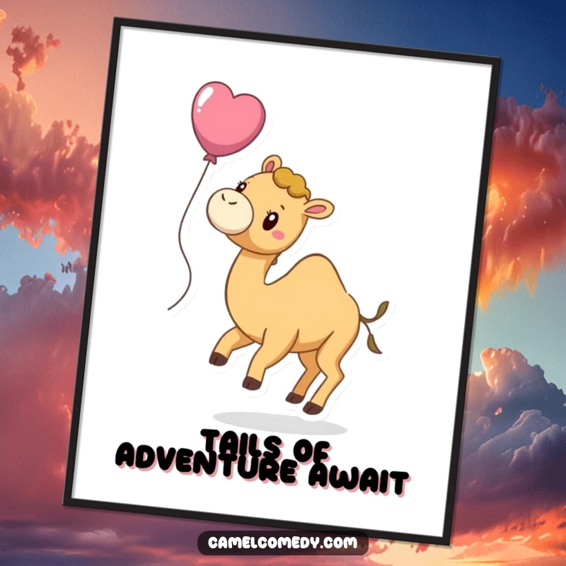 Funny Free Printable Wall Art: A happy camel with a balloon tied to its tail, gently floating upwards.