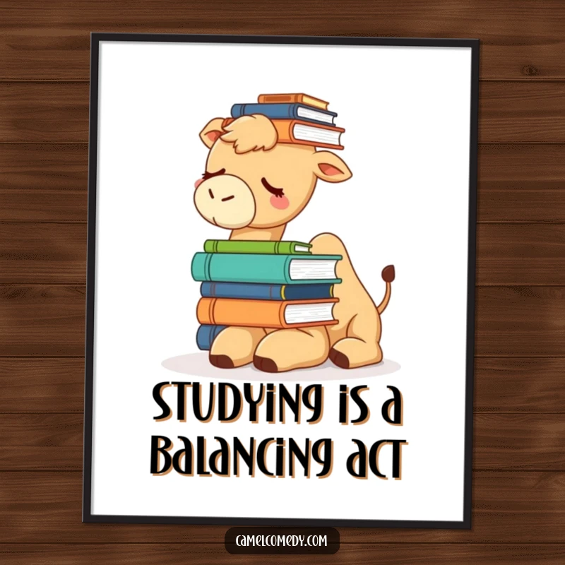 Funny Free Printable Wall Art: A tired camel attempting to balance a large stack of books on its head.