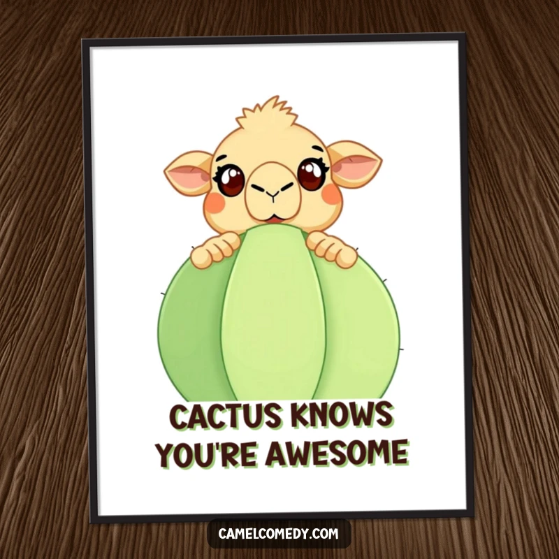 Funny Free Printable Wall Art: A camel with comically wide eyes, startled as it peeks over a large cactus.
