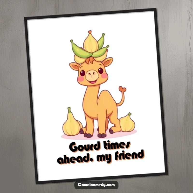 Funny Free Printable Wall Art: A camel joyfully balancing a towering stack of water gourds, ready to amuse.