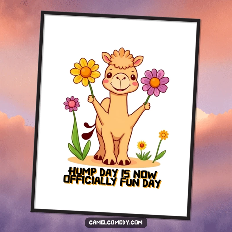 Funny Free Printable Wall Art: A cute camel cheerfully juggles three vibrant desert flowers, bringing desert charm home.