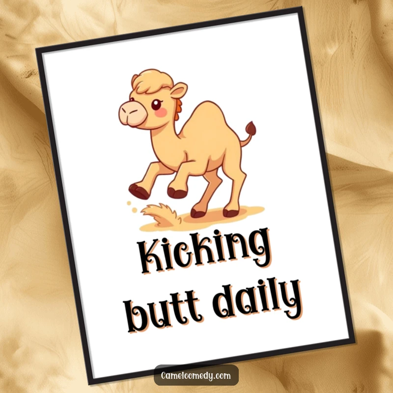 Funny Free Printable Wall Art: A mischievous Kawaii camel kicking up a cloud of sand with its hind legs.
