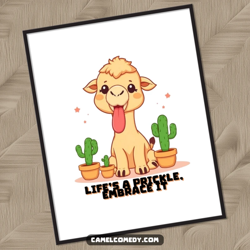 Funny free printable wall art of a camel with its tongue sticking out, impressively juggling three small cacti.