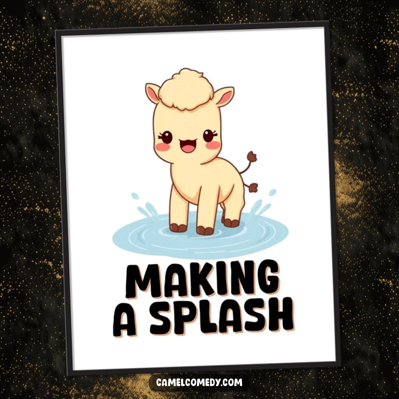 Funny Free Printable Wall Art: A Kawaii camel gleefully splashing water in a small puddle, creating a fun scene.