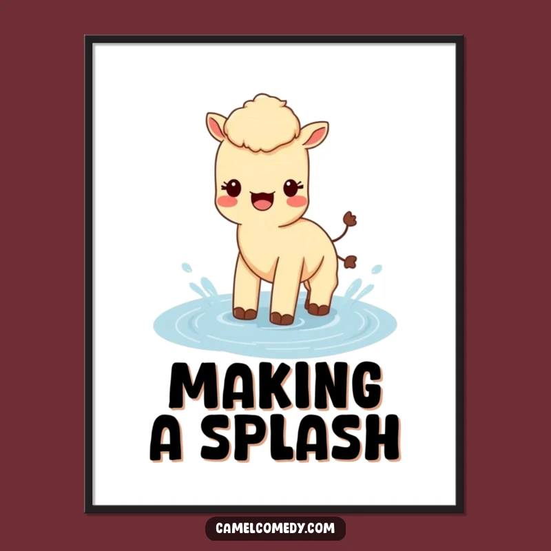 Funny Free Printable Wall Art: Kawaii Camel Splashing Puddle, Humorous Downloadable Decor