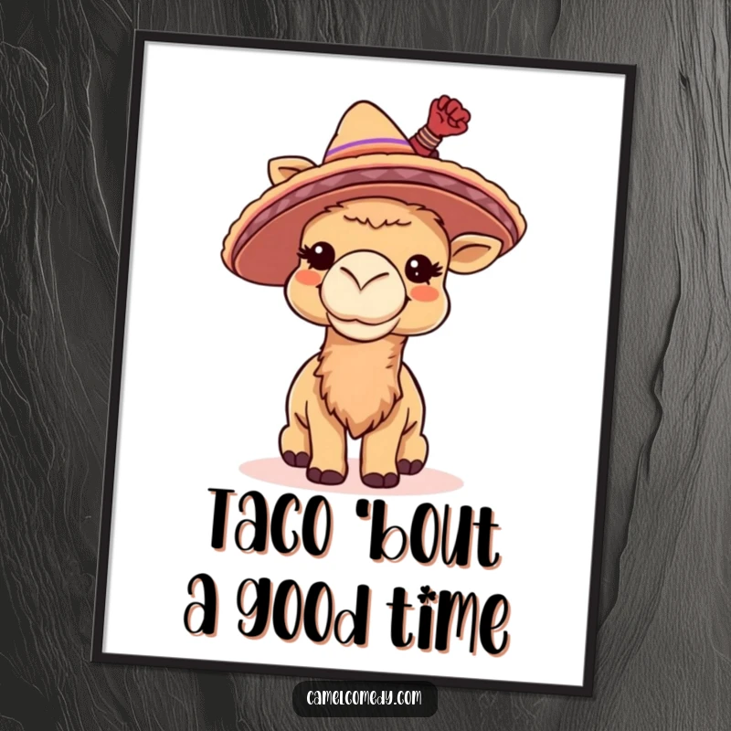 Funny Free Printable Wall Art: A camel joyfully giggling while wearing a small sombrero and tipping it.