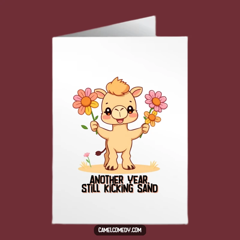 Free Printable Funny Camel Birthday Card - Juggling Desert Flowers DIY Downloadable Gift