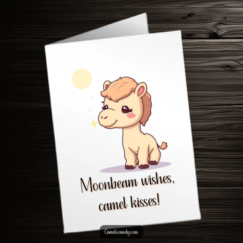 Funny Free Printable Birthday Card: Curious camel with big eyes sniffing a glowing moonbeam, bringing wonder and smiles.