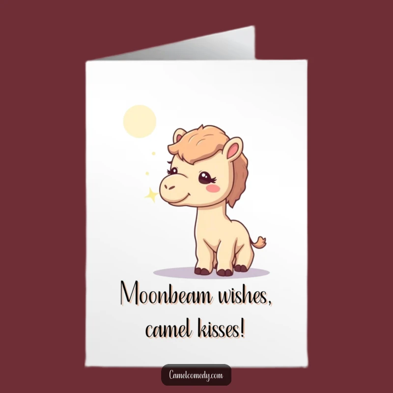 Free Printable Birthday Card: Curious Camel Sniffing Moonbeam - Funny Downloadable Gift