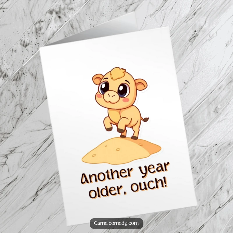 Funny Free Printable Birthday Card: Round camel with big eyes comically kicking sand, perfect for a humorous greeting.