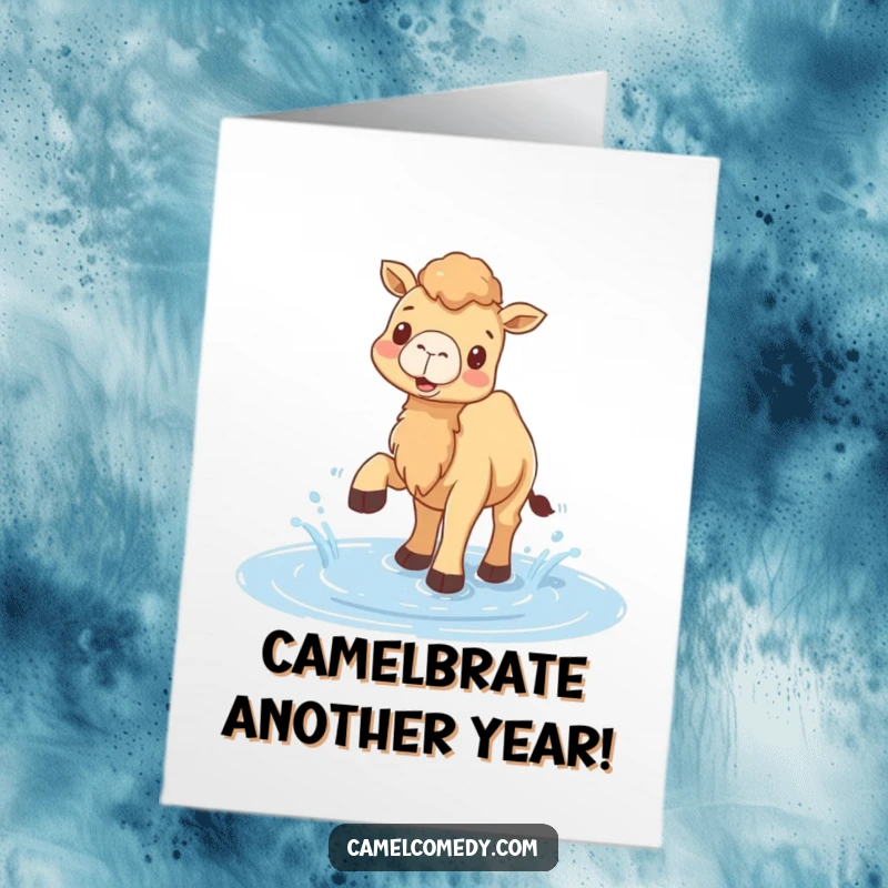 Funny Free Printable Birthday Card: A happy camel joyfully splashing water with its feet, spreading cheer.